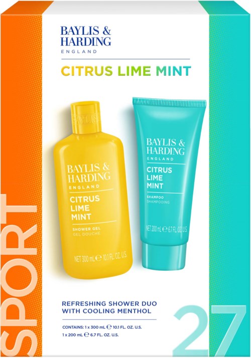 Twee flessen van Baylis & Harding Citrus Lime Mint doucheproducten, een geel en een blauw, op een witte achtergrond.