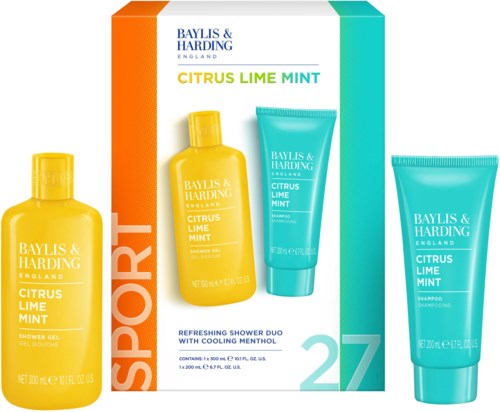 Drie persoonlijke verzorgingsproducten in geel en blauw verpakt, met 'Citrus Lime Mint' op het label, en een doos met merk en productgegevens.