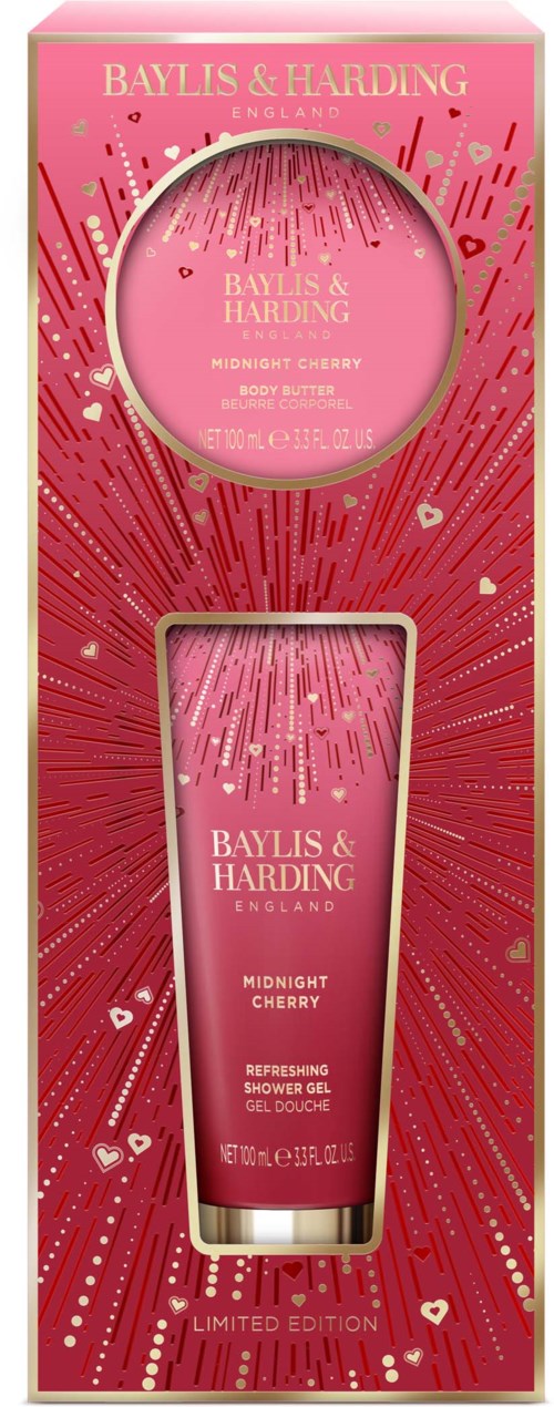 Rosa förpackning med gulddetaljer, innehåller kropp- och duschgel från Baylis & Harding, doft av midnattkörsbär.