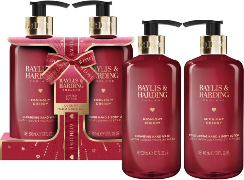 Four bottles of Baylis & Harding Midnight Cherry hand and body care products, with a gift box and a ribbon.