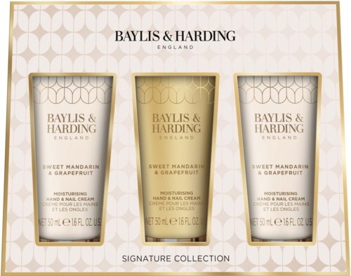 The image shows a gift set of three Baylis & Harding hand and nail creams with mandarin and grapefruit scents.