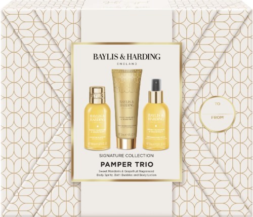 A box with a white and gold geometric pattern holds three skincare bottles and a tube, part of Patron Collection.