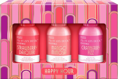 Three colorful bottles of fruit-flavored cocktails in a pink box with 'Happy Hour' label.