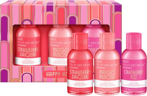 Set of three small bottles with pink, red, and purple labels inside a colorful box.