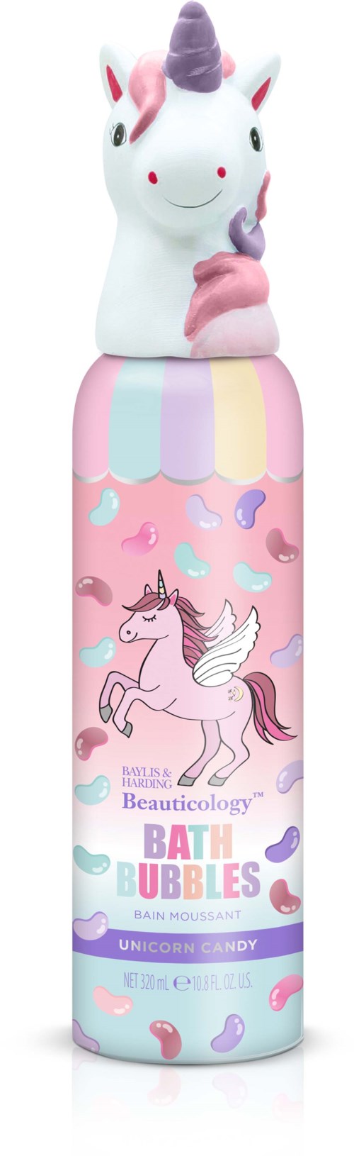 En rosa och lila enhörningsformad bath foam-flaska med ett glatt enhörningshuvud på toppen. Den har färgglada moln och hjärtan.