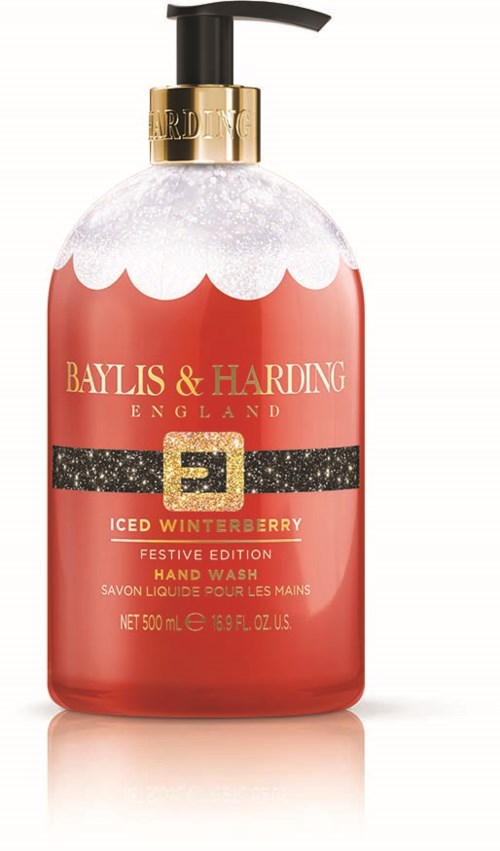 A festive hand wash bottle with red, gold, and black colors, and a large gold pump. It celebrates winter and Christmas.