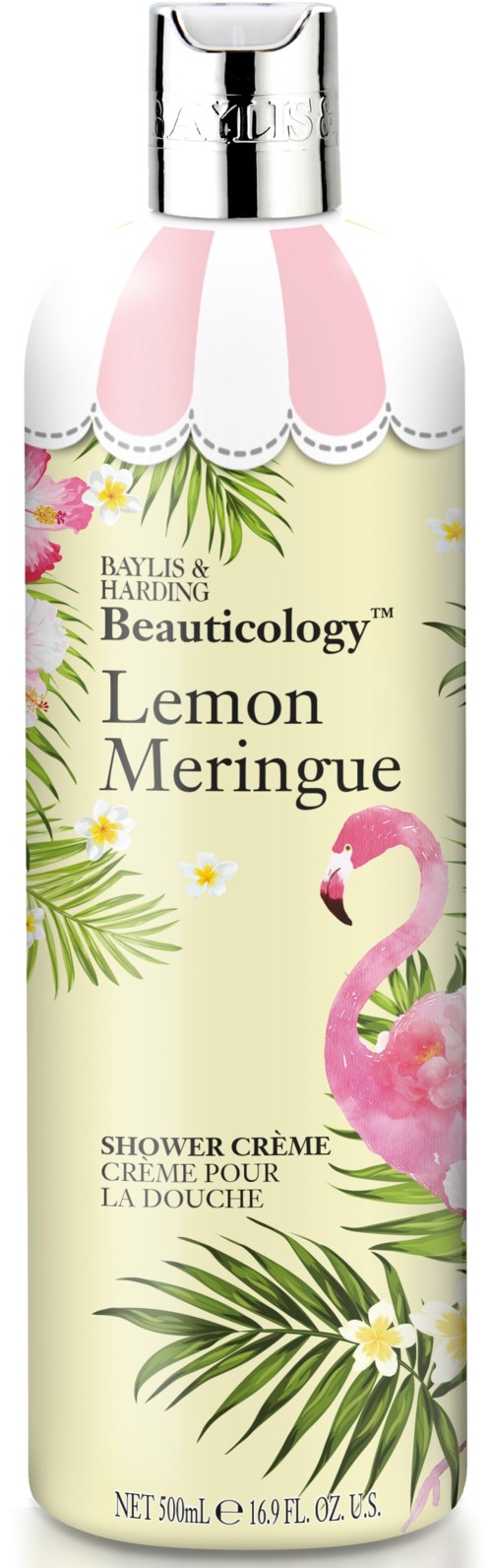 En dusjsåpeflaske med rosa flamingo, grønne blader og gule blomster, merket 'Lemon Meringue' og 'Beautology'.