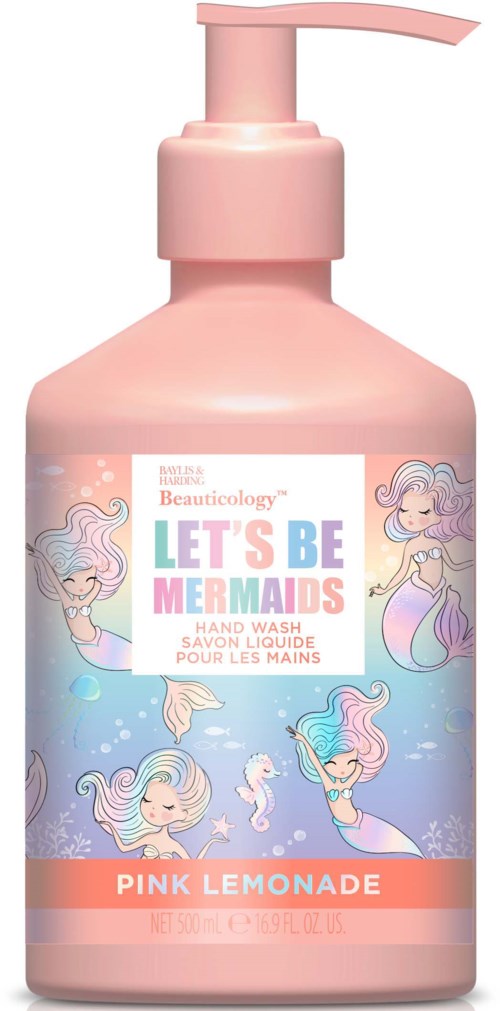 Pink flaska med pump, dekorerad med sjöjungfrur, bubblor och pastellfärger. Texten säger "Let's Be Mermaids" och "Pink Lemonade."