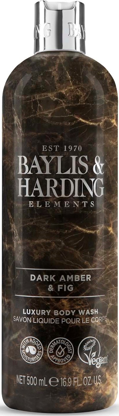 En lång flaska med mörkbrunt marmortryck, märkt Baylis & Harding, innehållande kroppstvål med fikonlukt.