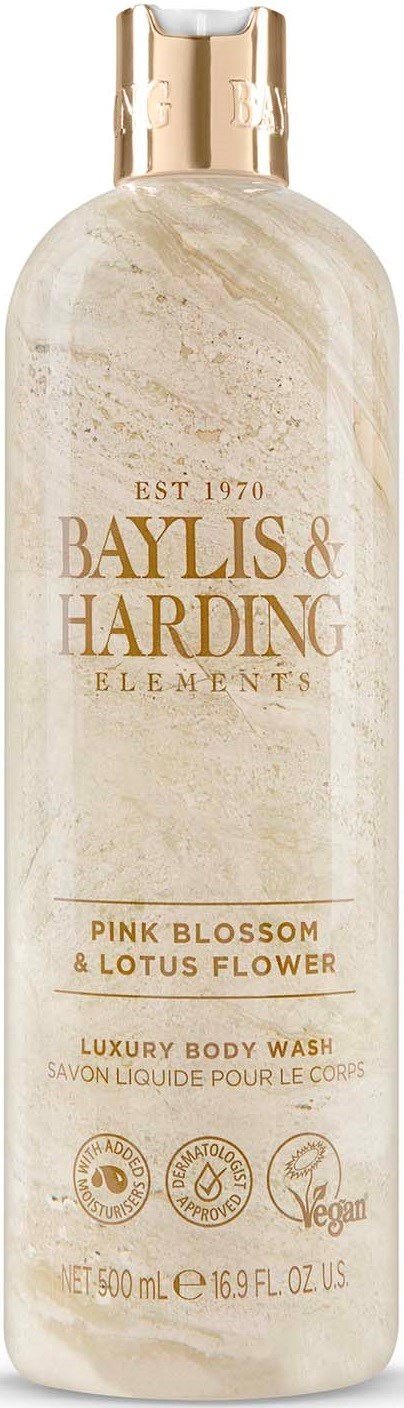 En lång, beige flaska med guldkapsel, märkt 'Baylis & Harding Elements, Pink Blossom & Lotus Flower, Luxury Body Wash.'