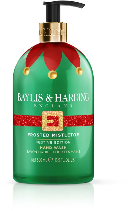 En grøn håndvaskflaske med julehue og festligt design, mærket 'Frosted Mistletoe'.