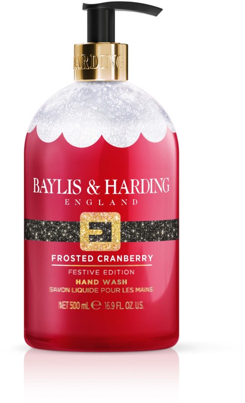 En röd flaska med Baylis & Harding handtvål, svart pump och festlig tranbärsdesign.