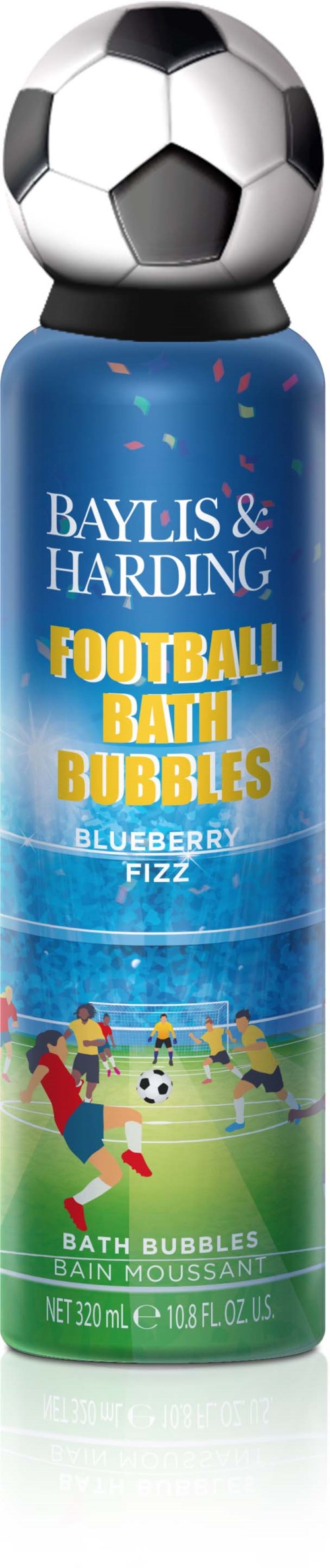 Butelka niebieskich kulek do kąpieli w kształcie piłki nożnej, oznaczona 'Baylis & Harding Bluetooth Ball Bubbles.'