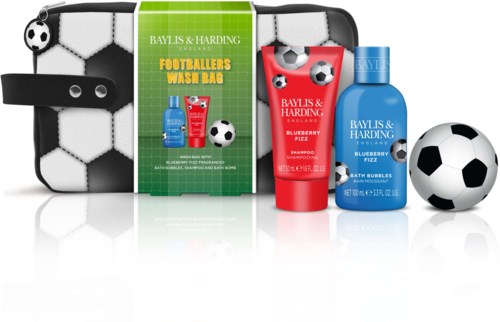 A set of football-themed toiletry items includes wash bag, shampoo, soap, and small soccer ball decorations.