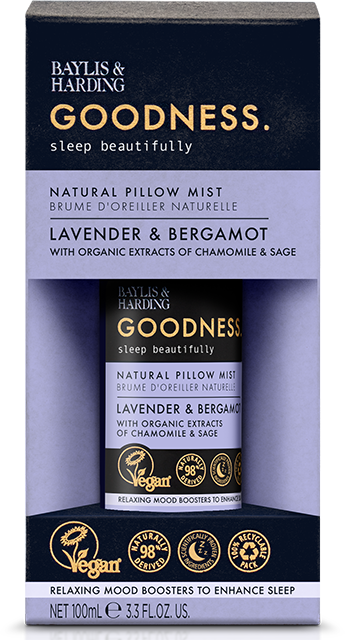Verpackung mit Lavendel- und Bergamotte-Kissennebel, mit biologischer Kamille und Salbei, vegan und fördert besseren Schlaf.