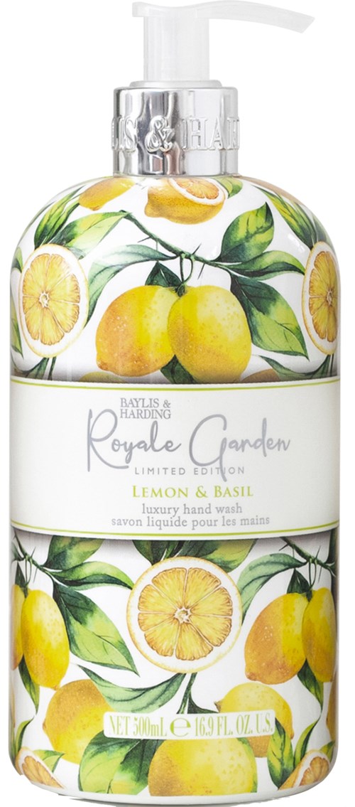 En handtvålflaska med citrons- och basilika design, med citroner och gröna blad, samt pumpanslutning.