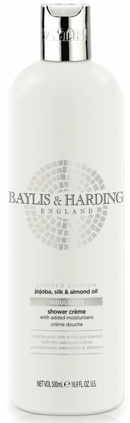 En hvit flaske med Baylis & Harding dusjskummet med en sølvhette, merket med duft og produktdetaljer.