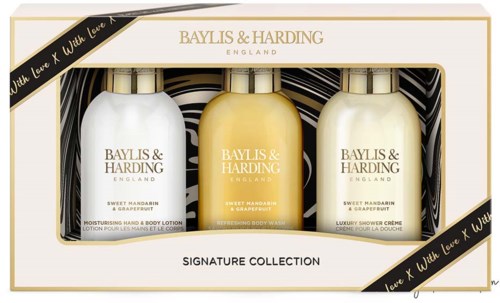 Set of three Baylis & Harding luxury body care bottles with different scents in a decorative box.