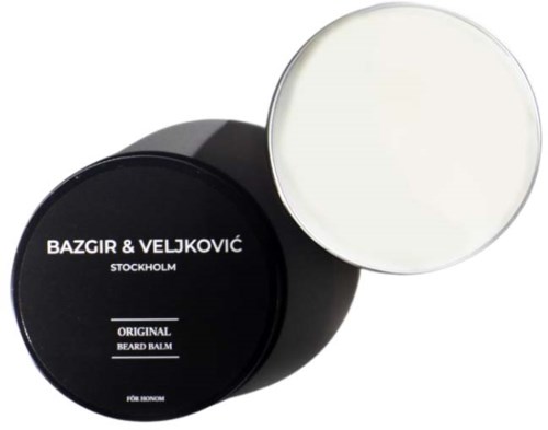 A black round container and a white round container, both are beard balms. The black one has white text.
