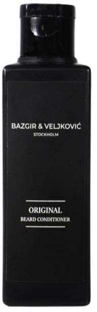 A black bottle labeled 'Bazgir & Veljkovic Original Beard Conditioner' from Stockholm.