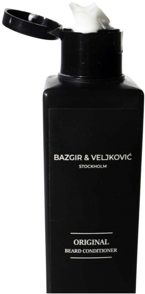 A black bottle of beard conditioner from Bazgir & Veljkovic with a flip cap, labeled "Original" from Stockholm.