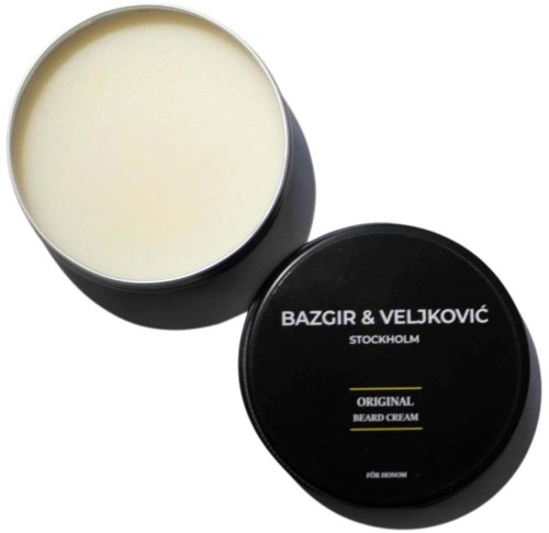 A black container with white beard cream inside, labeled with the brand 'Bazgir & Veljkovic' and 'Original Beard Cream.'