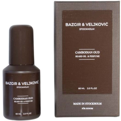 A brown bottle and box labeled 'Bazgir & Veljkovic Cambodian Oud Beard Oil & Perfume', made in Stockholm.