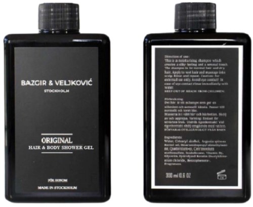 Two black bottles of BAZGIR & VELJKOVIC Original Hair and Body Shower Gel, 300 ml each, with labels showing product details.