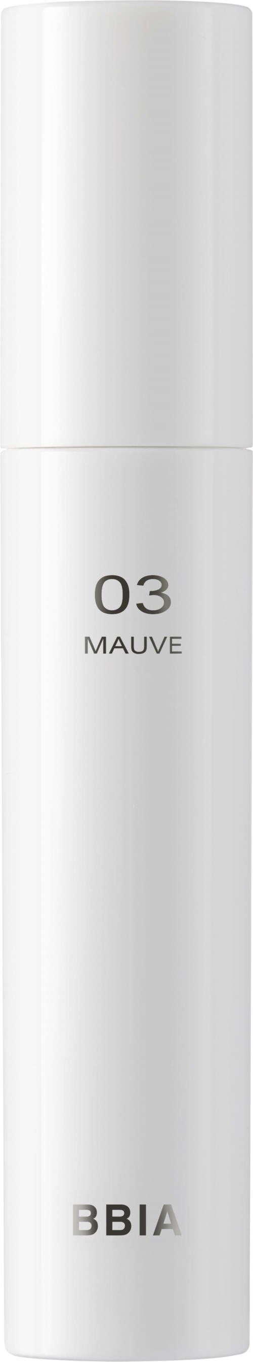 A white cylindrical bottle labeled '03 MAUVE' by BBIA. It is sleek and minimalistic.