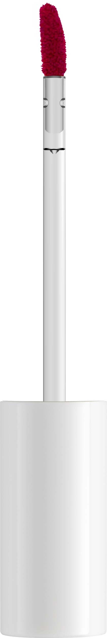A white lipstick applicator with red lip color on it.
