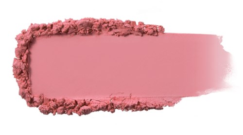 A pink makeup blush stroke with uneven, powdery edges and a soft, smooth center on a white background.