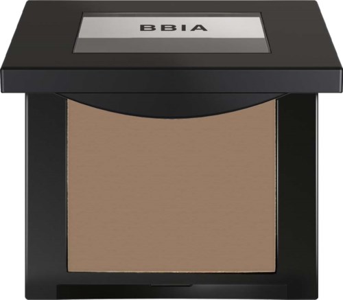 En sort kompakt med digitalt display og brunt pudder indeni, sandsynligvis til makeup eller ansigtspudder.