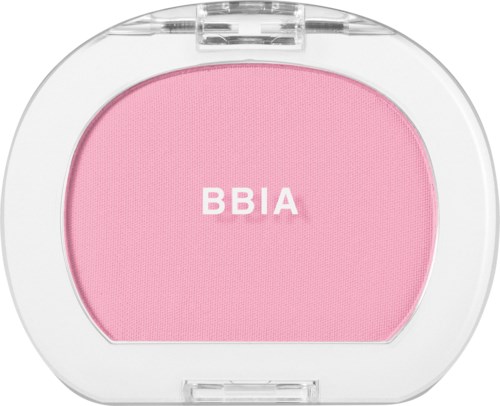 Pink blush with the text BBIA in white, inside a clear round case. Compact makeup product.