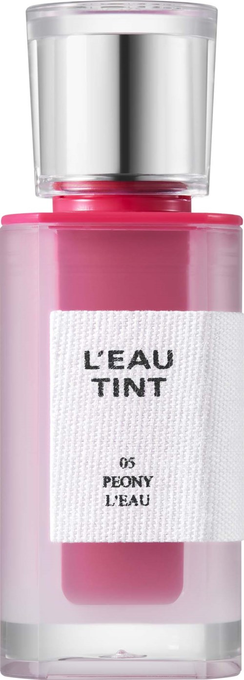 Pink lipstick in a clear bottle with a silver cap and a white label saying "L'EAU TINT" and "05 PEONY L'EAU."