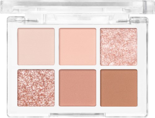 Sechs Make-up-Paletten mit hellen, rosa und braunen Farben, einige mit Glitzer und matter Oberfläche.