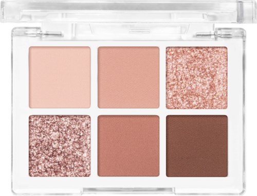 Sex makeupfärger i ett tydligt skal, inklusive matta och skimriga rosa, bruna och en glittrig ljus färg.