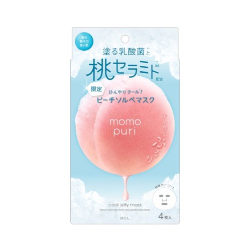 A packaging of a peach-shaped face mask with Japanese text and a small face mask icon.