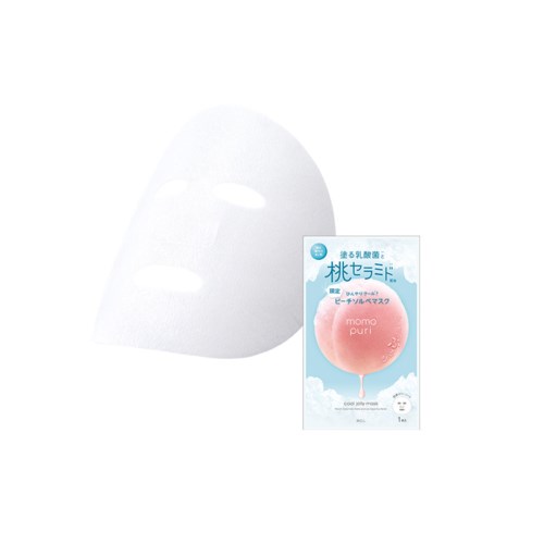 A white facial mask and a pastel pink peach-themed package with Japanese writing. The mask appears to be made of fabric.