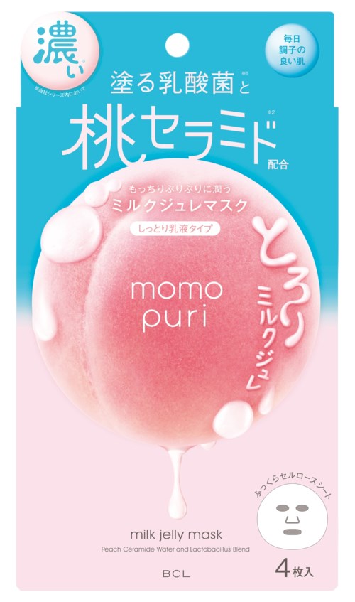 A peach-themed facial mask packaging with blue and pink colors, showing peach and milk elements, and Japanese text.