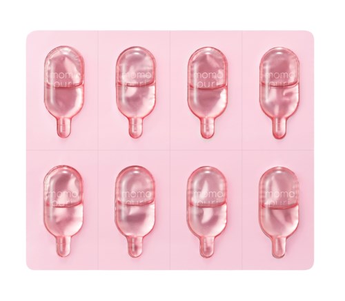Ett rosa blisterpaket med åtta kapslar i två rader av fyra.