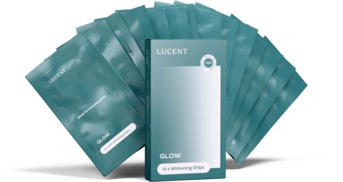 Multiple teal-colored packages with a white box labeled 'GLOW' and '14 x Whitening Strips' in front.