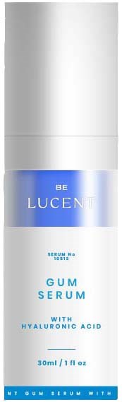 A white and blue tube of gum serum with hyaluronic acid, labeled "Be Lucent" and "30 ml / 1 fl oz."