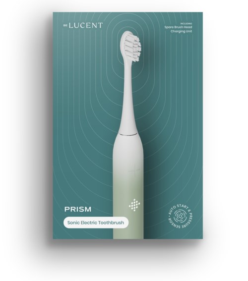 Pakkaus Lucent Prism Sonic Electric Toothbrushille, valkoinen harjaspää, sininen-vihreä tausta ja brändäys.