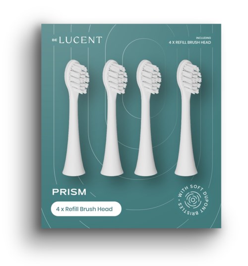 Fyra tandborsthuvuden i ett paket, märkt som påfyllbara med mjuka borstadippar, en del av Lucent Prism-setet.