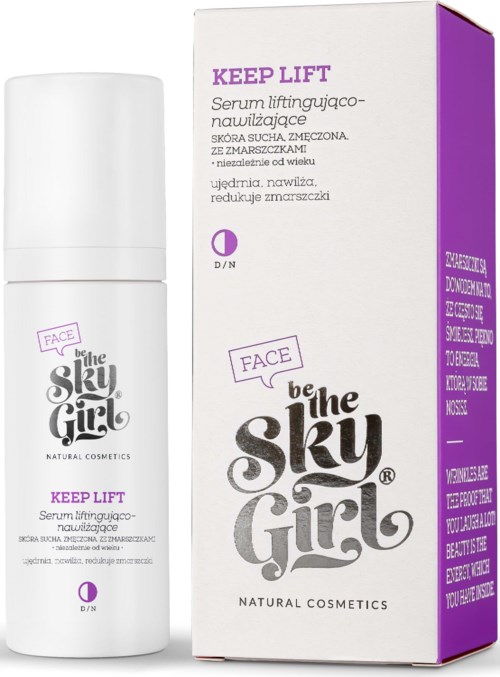 En flaska och förpackning för hudvårdsprodukt, märkt "Keep Lift" med lila accenter och slogan "be the sky girl".