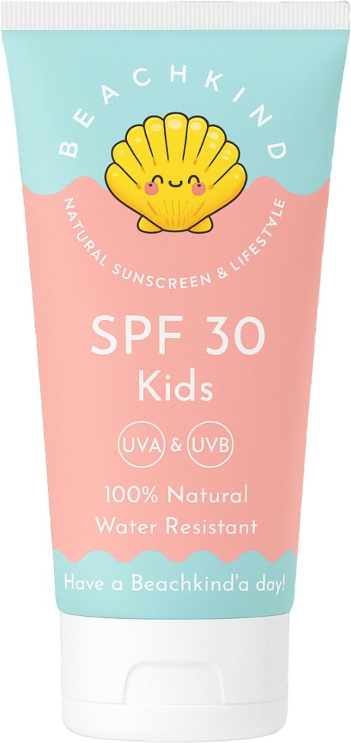 Lasten aurinkosuoja tuubi, jossa söpö simpukka ja iloinen ilme, SPF 30, vedenkestävä ja luonnollinen, aurinkoisille päiville.