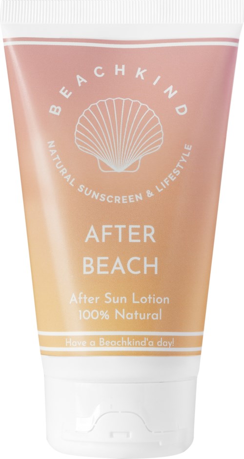 Tuba balsamu po opalaniu z różowo-pomarańczowym gradientem, logiem muszli i napisami "AFTER BEACH" oraz "100% Natural."