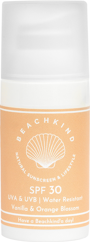 A sunscreen stick with SPF 30, labeled with a shell logo and mentions water resistance, vanilla, and orange blossom scents.