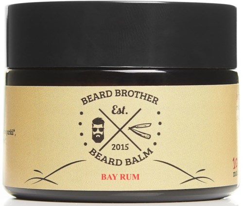 Et glass med bart balm merket "Beard Brother" med et bart-ikon og en årepinne.