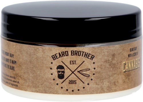 Et glass med svart lokk og brunt etikett. Etiketten har logoen 'Beard Brother' og nevner cannabis.